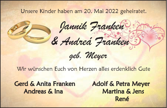 Hochzeitsanzeige von Andreá Franken von EZ