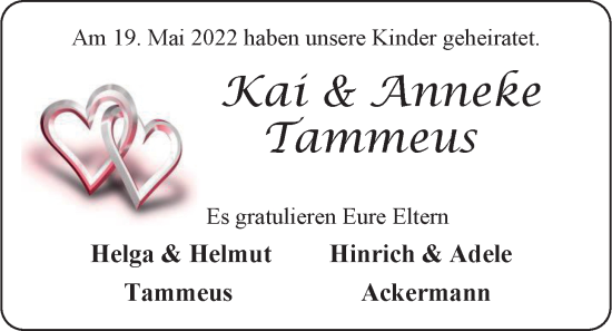 Hochzeitsanzeige von Anneke Tammeus von EZ