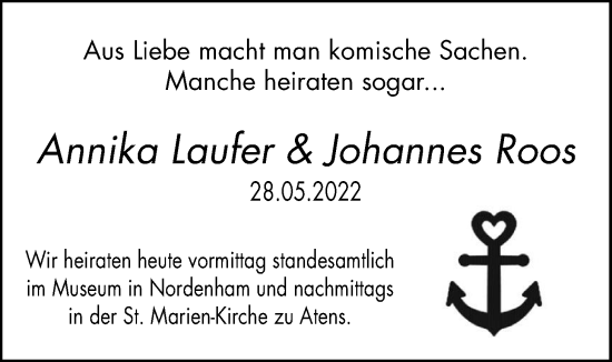 Hochzeitsanzeige von Annika Laufer von NWZ