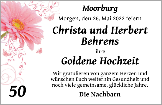 Hochzeitsanzeige von Christa Behrens von NWZ