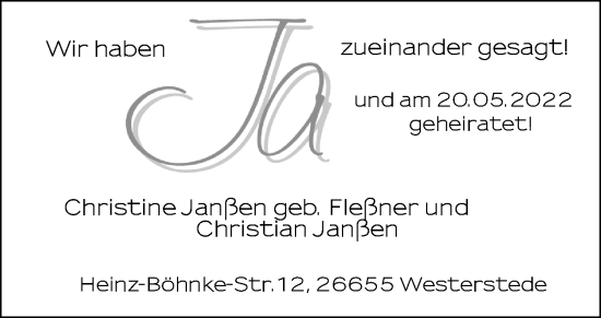 Hochzeitsanzeige von Christine Janßen von NWZ