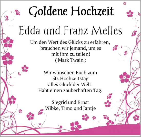 Hochzeitsanzeige von Edda Melles von EZ