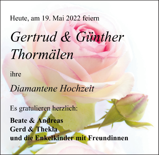 Hochzeitsanzeige von Gertrud Thormälen von NWZ
