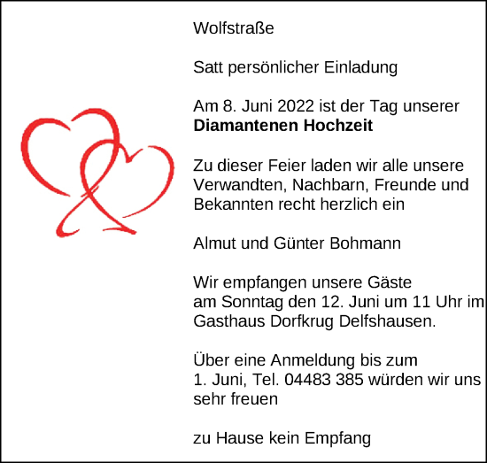 Hochzeitsanzeige von Günter Bohmann von NWZ