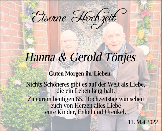 Hochzeitsanzeige von Hanna Tönjes von NWZ