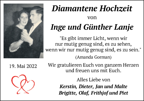 Hochzeitsanzeige von Inge Lanje von NWZ
