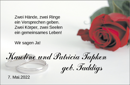 Hochzeitsanzeige von Karoline Tapken von NWZ