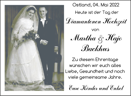 Hochzeitsanzeige von Martha Backhus von NWZ