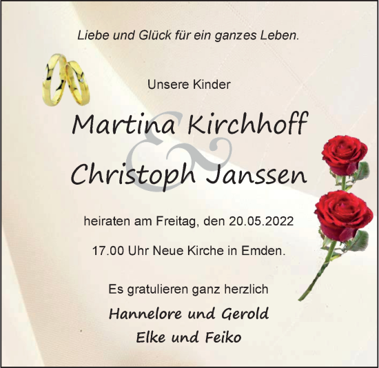 Hochzeitsanzeige von Martina Kirchhoff von EZ