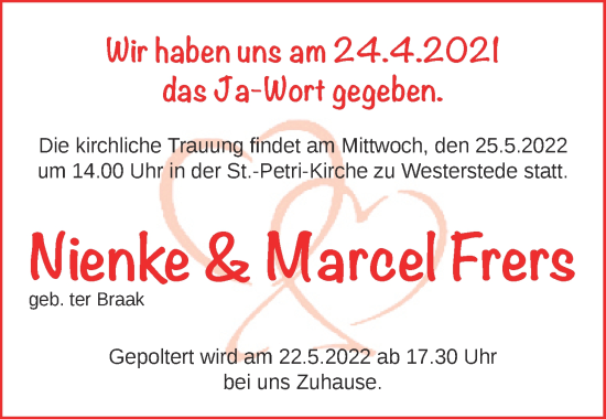 Hochzeitsanzeige von Nienke Frers von NWZ