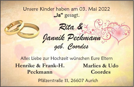 Hochzeitsanzeige von Rita Peckmann von EZ