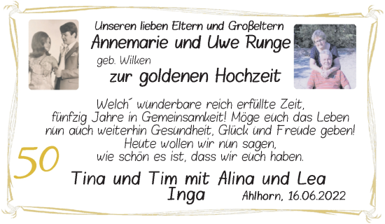 Hochzeitsanzeige von Annemarie Runge von NWZ