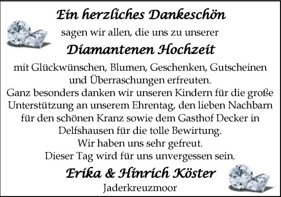 Hochzeitsanzeige von Erika Köster von NWZ