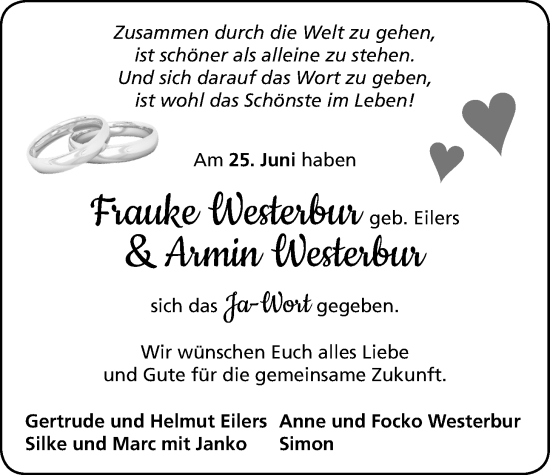 Hochzeitsanzeige von Frauke Eilers von EZ