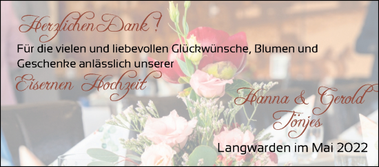 Hochzeitsanzeige von Hanna Tönjes von NWZ