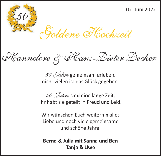 Hochzeitsanzeige von Hannelore Decker von NWZ