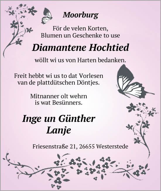 Hochzeitsanzeige von Inge Lanje von NWZ