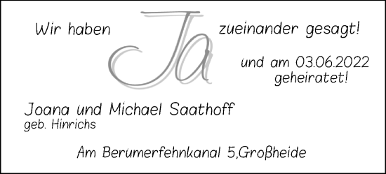 Hochzeitsanzeige von Joana Saathoff von EZ