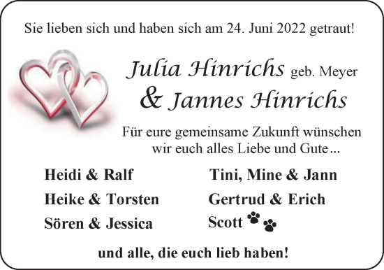 Hochzeitsanzeige von Julia Hinrichs von EZ