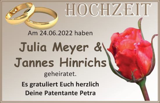 Hochzeitsanzeige von Julia Meyer von EZ