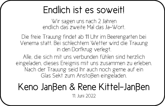 Hochzeitsanzeige von Keno Rene von NWZ