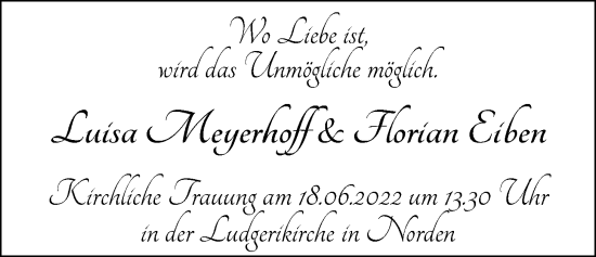 Hochzeitsanzeige von Luisa Meyerhoff von NWZ