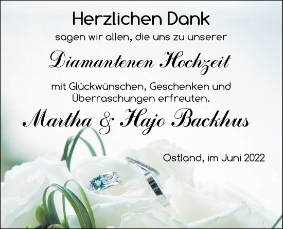 Hochzeitsanzeige von Martha Backhus von NWZ