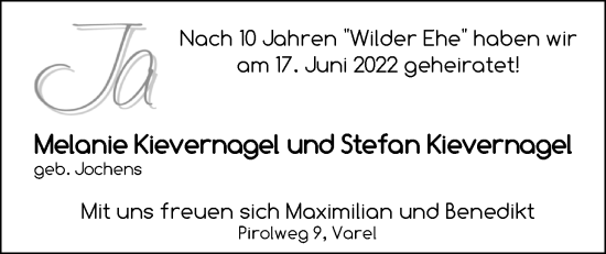 Hochzeitsanzeige von Melanie Kievernagel von NWZ