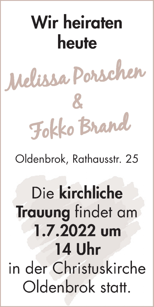 Hochzeitsanzeige von Melissa Porschen von NWZ