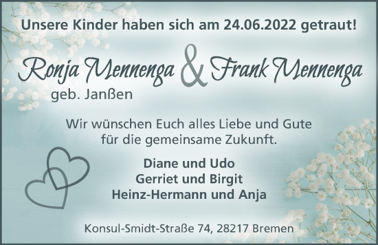 Hochzeitsanzeige von Ronja Mennenga von EZ