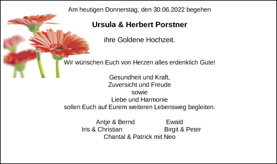 Hochzeitsanzeige von Ursula Porstner von NWZ
