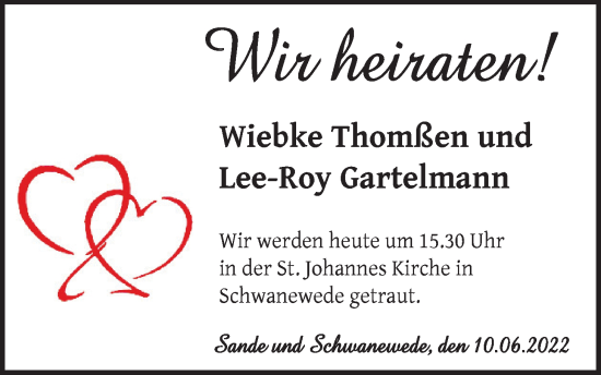 Hochzeitsanzeige von Wiebke Thomßen von NWZ