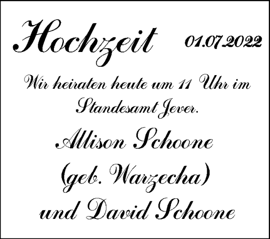 Hochzeitsanzeige von Allison Schoone von NWZ