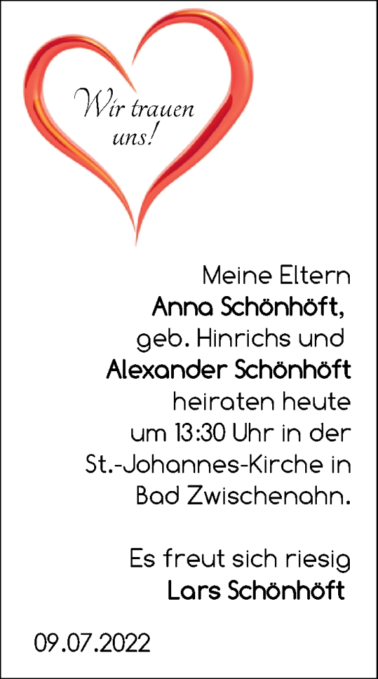 Hochzeitsanzeige von Anna Schönhöft von NWZ