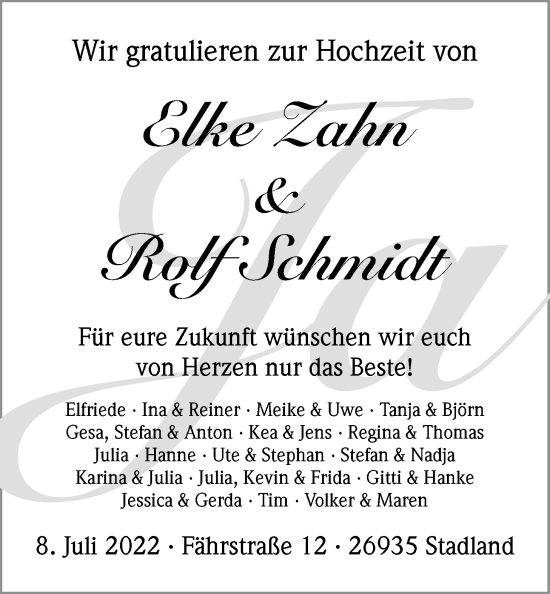 Hochzeitsanzeige von Elke Zahn von NWZ