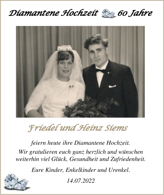 Hochzeitsanzeige von Friedel Siems von NWZ