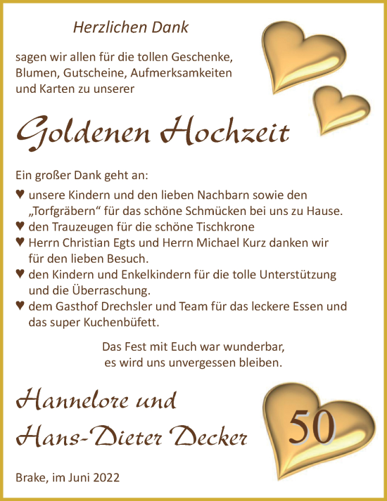 Hochzeitsanzeige von Hannelore Decker von NWZ