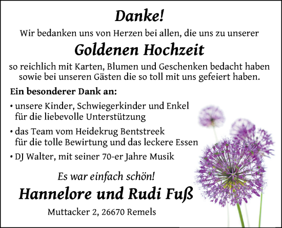 Hochzeitsanzeige von Hannelore Fuß von NWZ