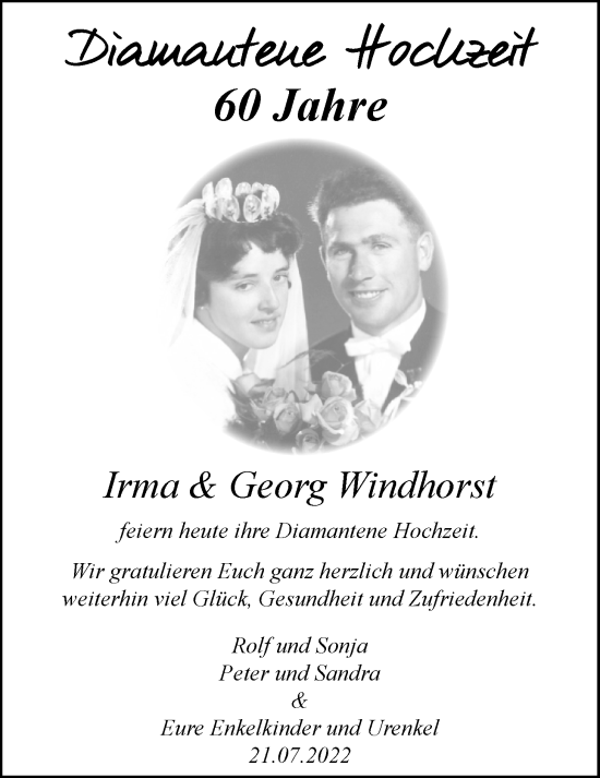 Hochzeitsanzeige von Irma Windhorst von NWZ