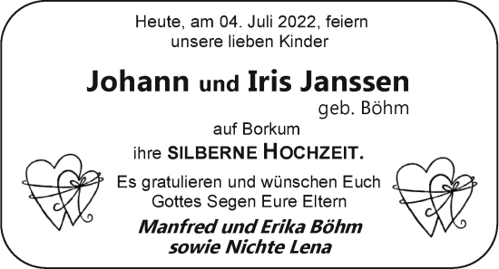Hochzeitsanzeige von Johann Janssen von EZ