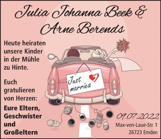 Hochzeitsanzeige von Julia Johanna Beek von EZ