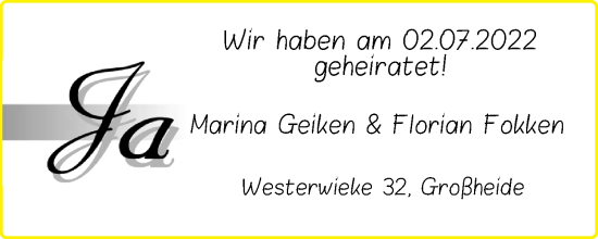 Hochzeitsanzeige von Marina Geiken von EZ