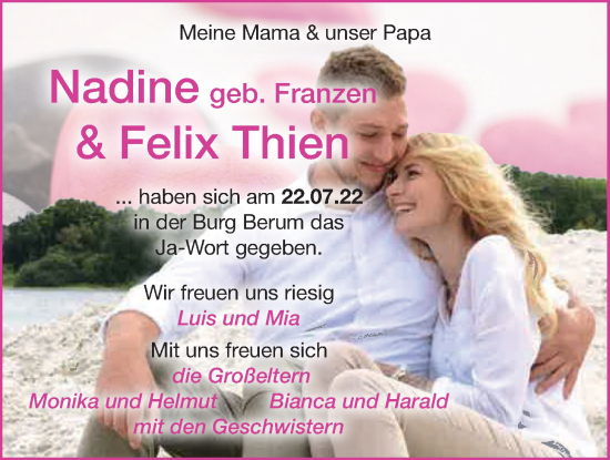 Hochzeitsanzeige von Nadine Thien von EZ