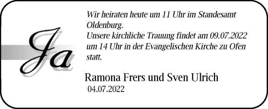 Hochzeitsanzeige von Ramona Frers von NWZ