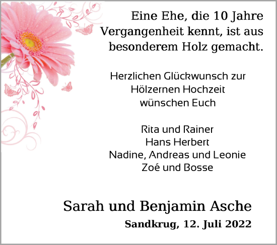 Hochzeitsanzeige von Sarah Asche von NWZ