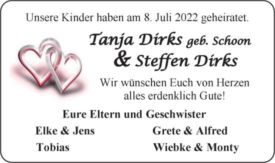 Hochzeitsanzeige von Tanja Dirks von EZ