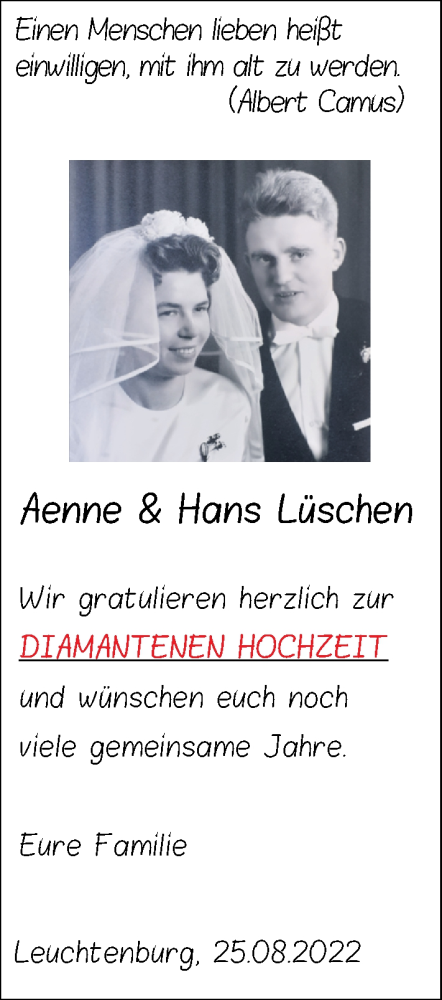 Hochzeitsanzeige von Aenne Lüschen von NWZ