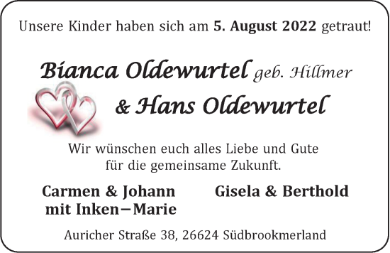 Hochzeitsanzeige von Bianca Oldewurtel von EZ