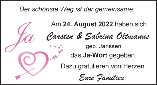 Hochzeitsanzeige von Carsten Oltmanns von EZ