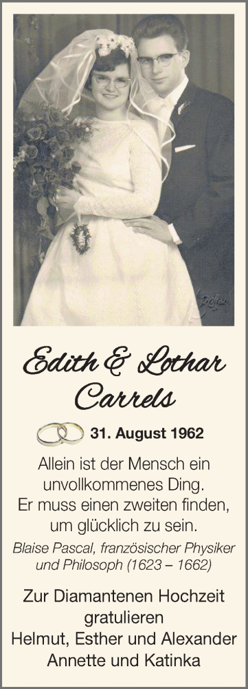 Hochzeitsanzeige von Edith Carrels von NWZ
